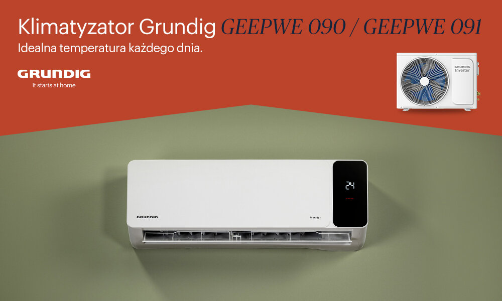 Klimatyzator Split, Pompa ciepła powietrze - powietrze GRUNDIG GEEPWE090 z usługą montażu prezentacja klimatyzatora na ścianie zdjęcie lifestyle Odpowiednia temperatura przez cały rok