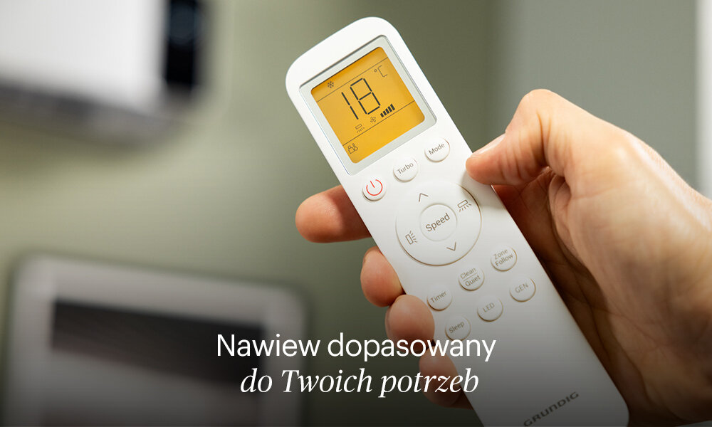 Klimatyzator Split, Pompa ciepła powietrze - powietrze GRUNDIG GEEPDE120 z usługą montażu Nawiew dopasowany do Twoich potrzeb 5 ustawień prędkości nawiewu tryb Auto zdjęcie lifestyle pilot