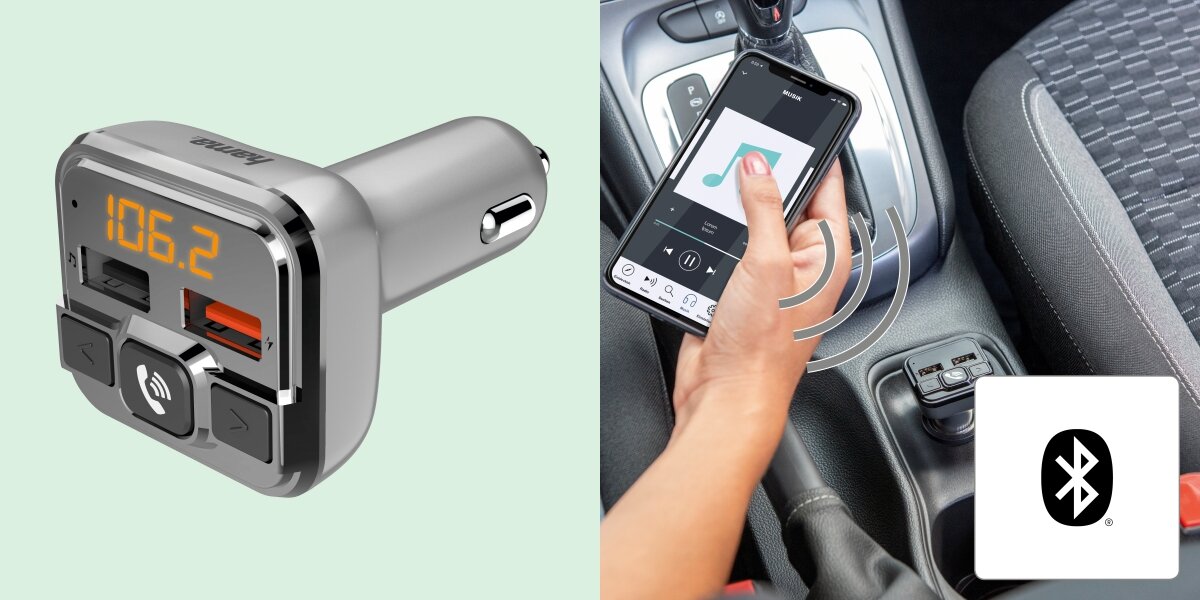 Transmiter FM HAMA 14165 - Muzyka i rozmowy w jednym, ręka trzymająca smartfona, zapamiętuje ostatnie ustawienie