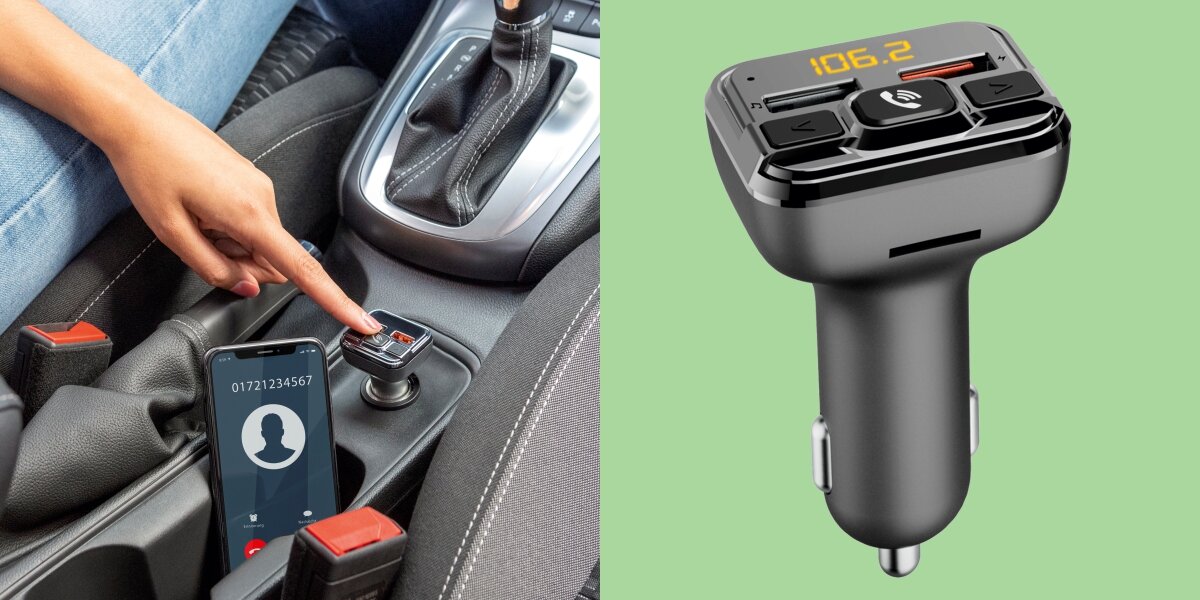 Transmiter FM HAMA 14165 - Rozmawiaj bez odrywania rąk, transmiter włożony do gniazda zapalniczki, ręka naciskająca guzik transmitera, zestaw głośnomówiący