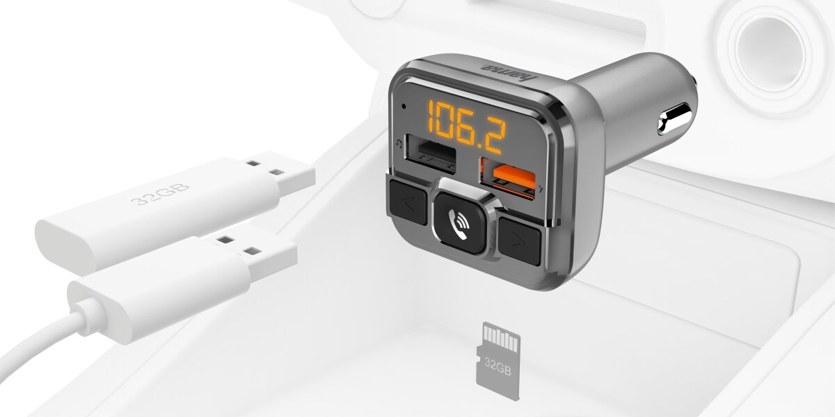Transmiter FM HAMA 14165 - Więcej niż Bluetooth, transmiter po skosie, pendrive, kabel USB-A, karty microSD, pamięć USB-A, Quick Charge™ 3.0