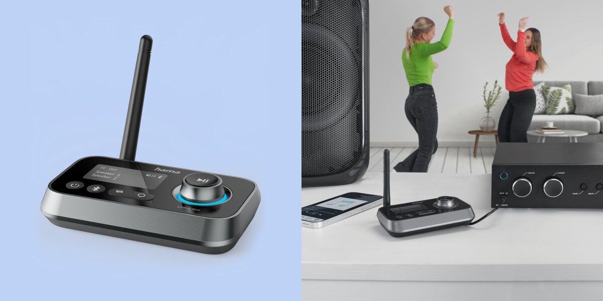 Transmiter HAMA 205322 - Bogate możliwości połączenia, jack 3,5 mm, wejście światłowodowe, transmiter leżący na stole, osoby tańczące w rytm muzyki