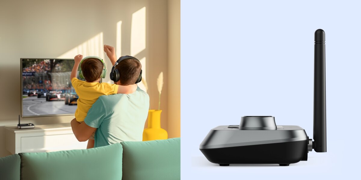 Transmiter HAMA 205322 - Funkcja nadawania i odbioru, odbiornik Bluetooth, nadajnik Bluetooth, rodzic z dzieckiem z założonymi słuchawkami, oglądający wyściki formuły 1