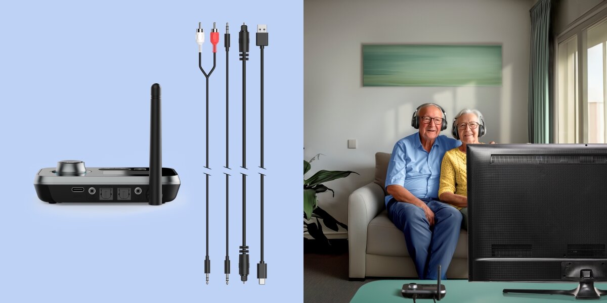 Transmiter HAMA 205322 - Łatwa obsługa, zasilanie, funkcja automatycznego parowania, osoby siedzące na kanapie z założonymi słuchawkami, oglądające telewizję