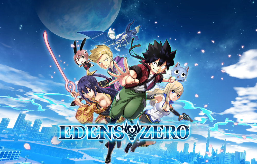 Edens Zero logo gry z postaciami na niebieskim tle