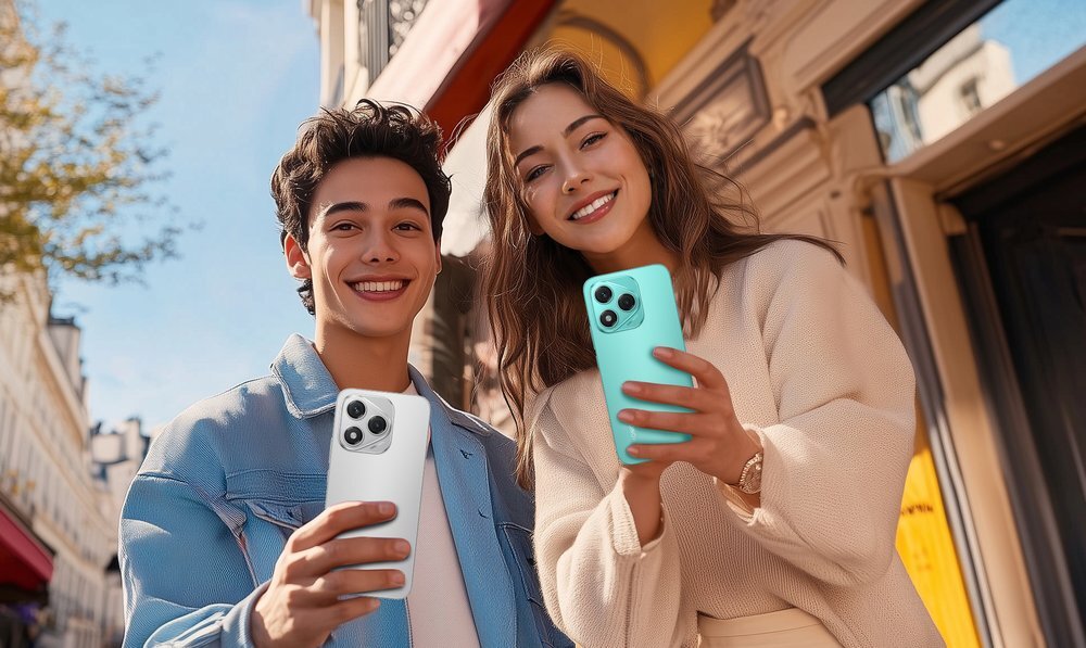 Smartfon HONOR 400 Lite dwie uśmiechnięte osoby trzymają smartfony w rękach  