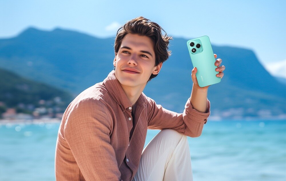 Smartfon HONOR 400 Lite człowiek na nabrzerzu trzyma smartfon