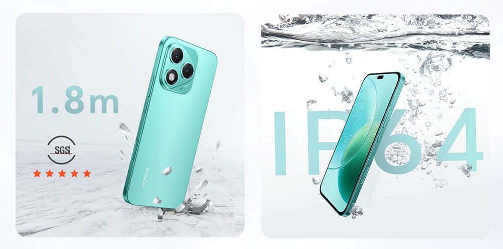 Smartfon HONOR 400 Lite zanurzony w wodzie oraz upuszczony na ziemię
