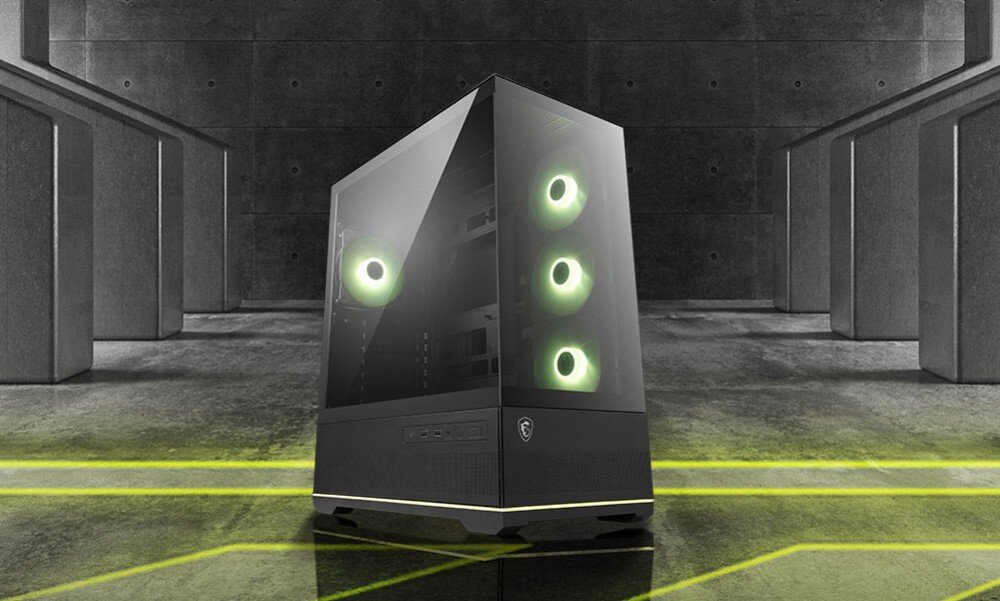 Obudowa MSI Mag Pano 110R PZ Obudowa z przeszklonym narożnikiem stojąca na ciemnym tle z ozdobnymi żółtymi liniami