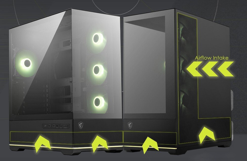 Obudowa MSI Mag Pano 110R PZ Schemat przepływu powietrza z żółtymi strzałkami wskazującymi wloty na dole i boku obudowy