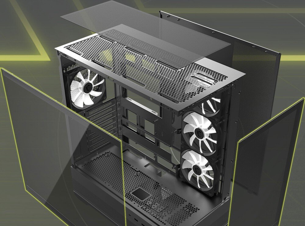 Obudowa MSI Mag Pano 110R PZ Widok rozstrzelony prezentujący demontaż górnego filtra oraz szklanych paneli przedniego i bocznego