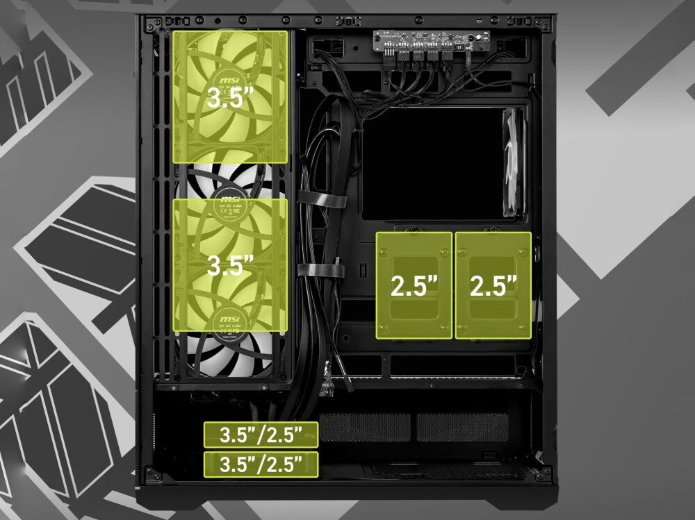 Obudowa MSI Mag Pano 110R PZ Szkielet obudowy z żółtymi polami oznaczającymi miejsca montażowe dla dysków 3.5 cala i 2.5 cala