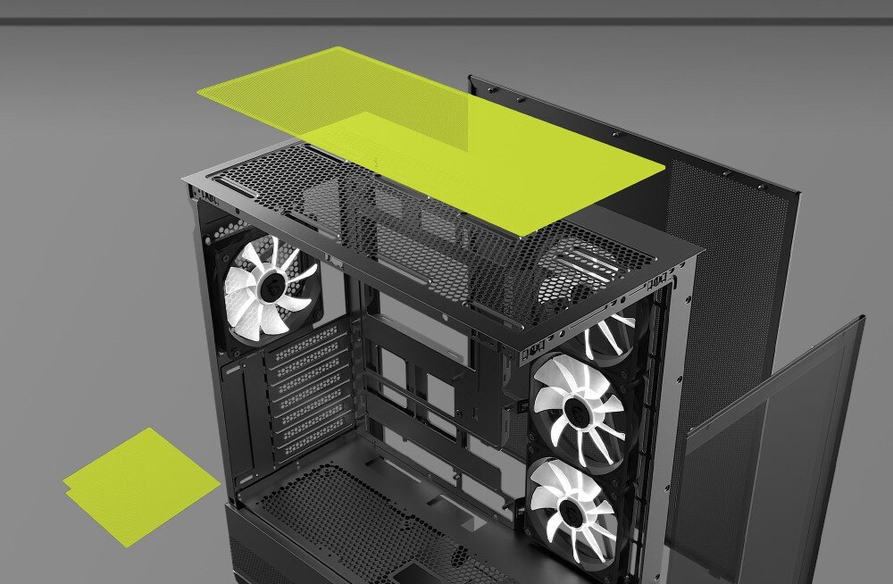 Obudowa MSI Mag Pano 110R PZ Czarna obudowa z żółtymi filtrami przeciwkurzowymi uniesionymi nad górnym i dolnym panelem