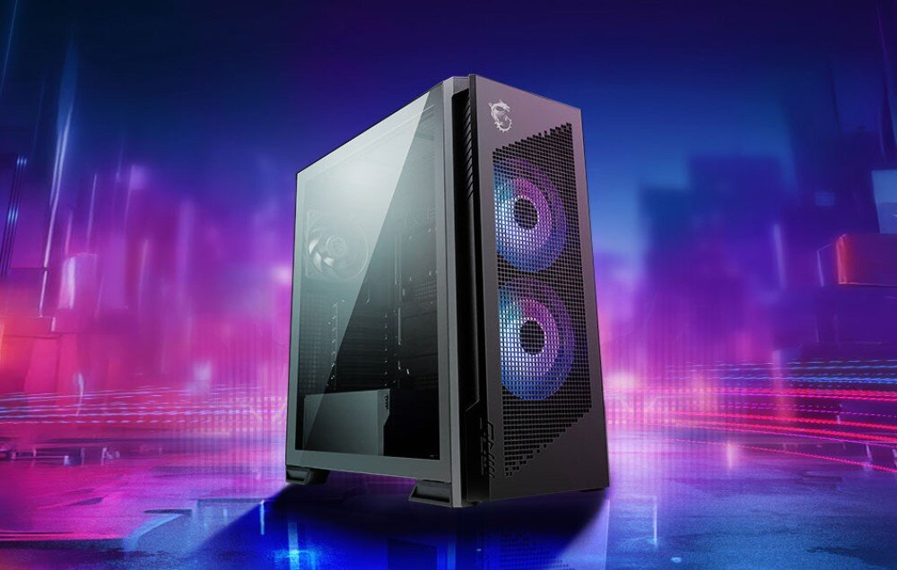 Obudowa MSI MPG Velox 300R Airflow PZ Ujęcie gotowego zestawu komputerowego w czarnej obudowie z oknem z hartowanego szkła i świecącymi elementami wewnętrznymi