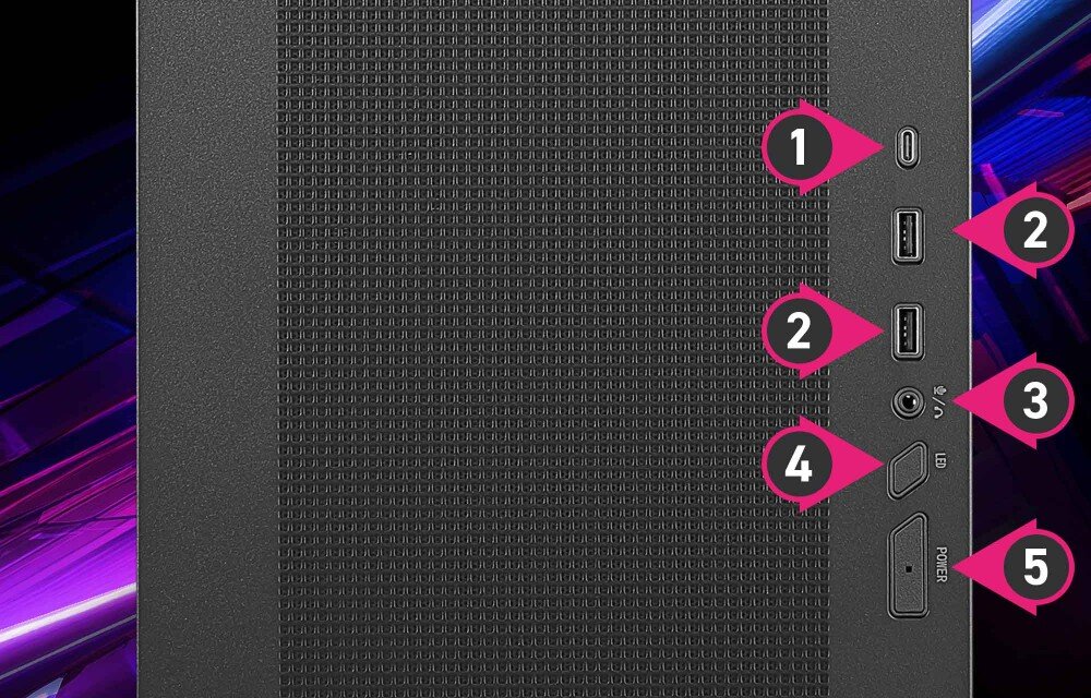 Obudowa MSI MPG Velox 300R Airflow PZ Widok na panel boczny z pięcioma gniazdami i przyciskami oznaczonymi różowymi wskaźnikami z cyframi od 1 do 5