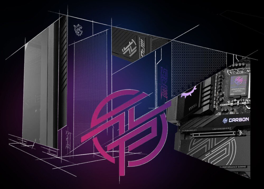 Obudowa MSI MPG Velox 300R Airflow PZ Zestawienie rysunków konstrukcyjnych i zdjęć detali obudowy z dużym fioletowo-różowym znakiem graficznym na środku