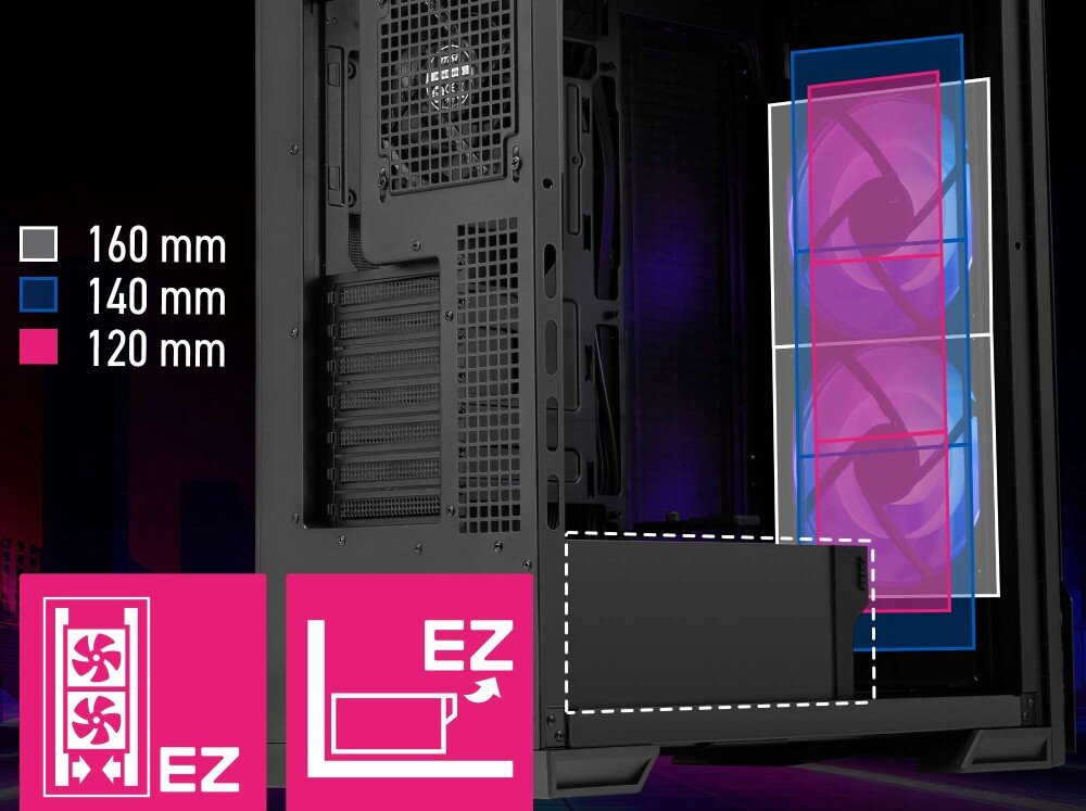 Obudowa MSI MPG Velox 300R Airflow PZ Prezentacja tyłu i frontu konstrukcji z ikonami symbolizującymi ułatwienia w montażu podzespołów i chłodzenia