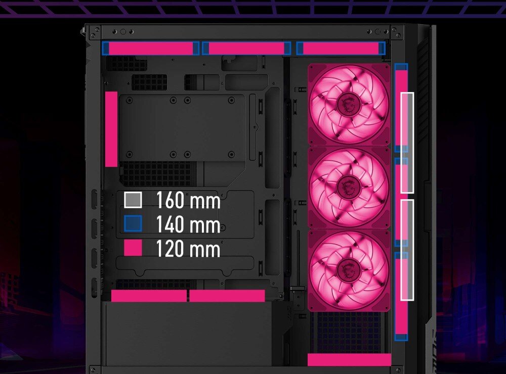 Obudowa MSI MPG Velox 300R Airflow PZ Rysunek techniczny wnętrza z kolorowymi prostokątami wskazującymi opcje montażu wentylatorów o różnych średnicach