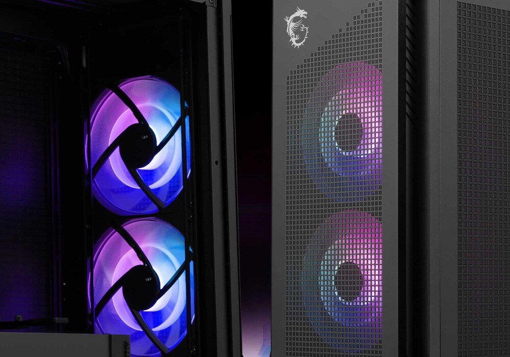 Obudowa MSI MPG Velox 300R Airflow PZ Zbliżenie na przednią część obudowy z dwoma dużymi podświetlanymi wentylatorami widocznymi za metalową siatką