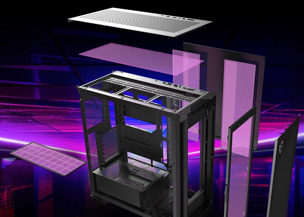 Obudowa MSI MPG Velox 300R Airflow PZ Elementy obudowy w widoku rozłożonym pokazujące panele zewnętrzne, ramę oraz siatki filtrów przeciwkurzowych