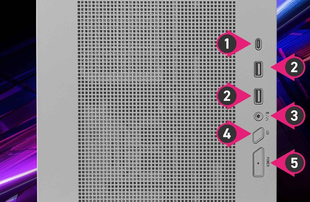 Obudowa MSI MPG Velox 300R Airflow PZ Widok na panel boczny z pięcioma gniazdami i przyciskami oznaczonymi różowymi wskaźnikami z cyframi od 1 do 5