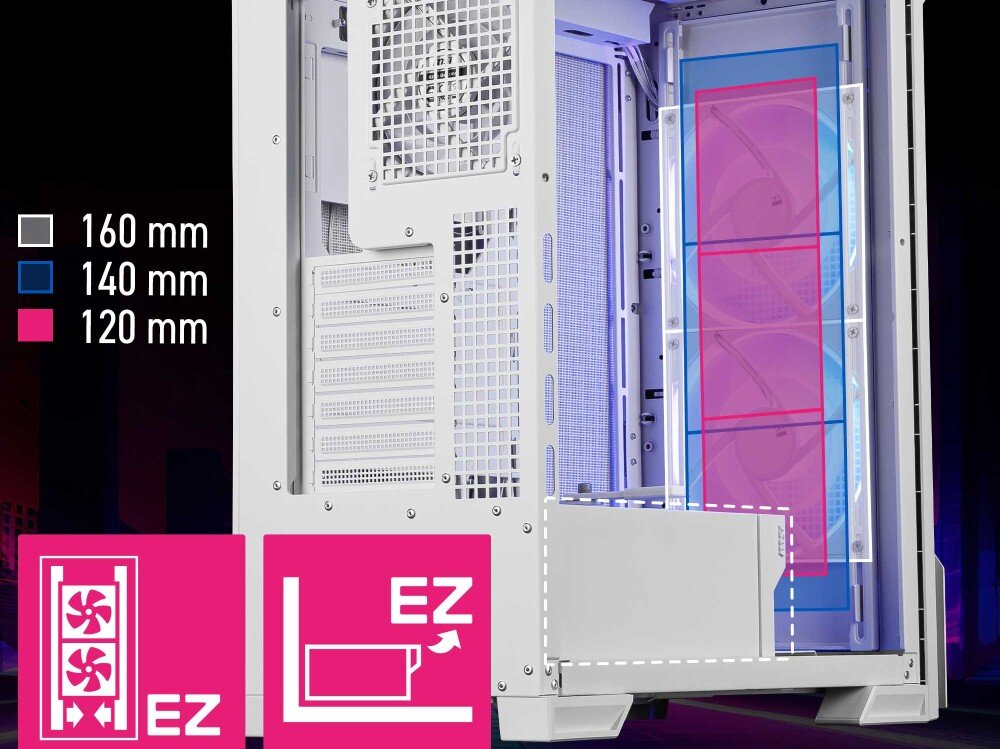 Obudowa MSI MPG Velox 300R Airflow PZ Prezentacja tyłu i frontu konstrukcji z ikonami symbolizującymi ułatwienia w montażu podzespołów i chłodzenia