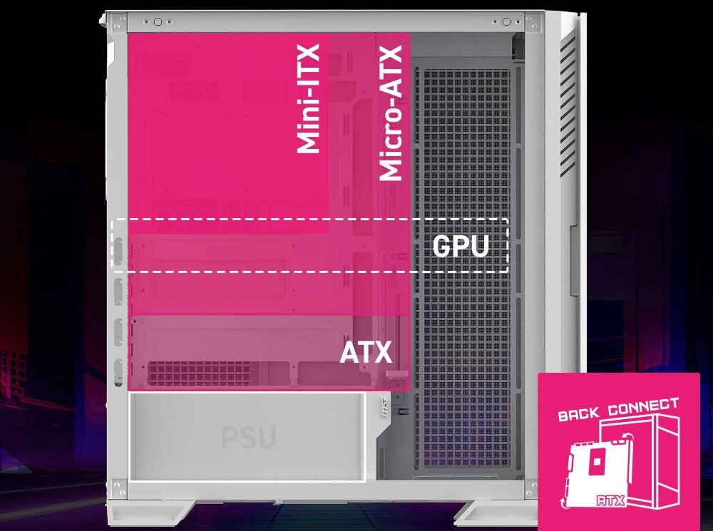 Obudowa MSI MPG Velox 300R Airflow PZ Schemat wnętrza obudowy z zaznaczonymi obszarami montażowymi dla różnych standardów płyt głównych, zasilacza i karty graficznej