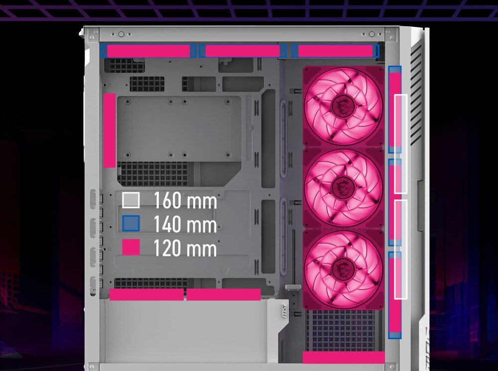 Obudowa MSI MPG Velox 300R Airflow PZ Rysunek techniczny wnętrza z kolorowymi prostokątami wskazującymi opcje montażu wentylatorów o różnych średnicach