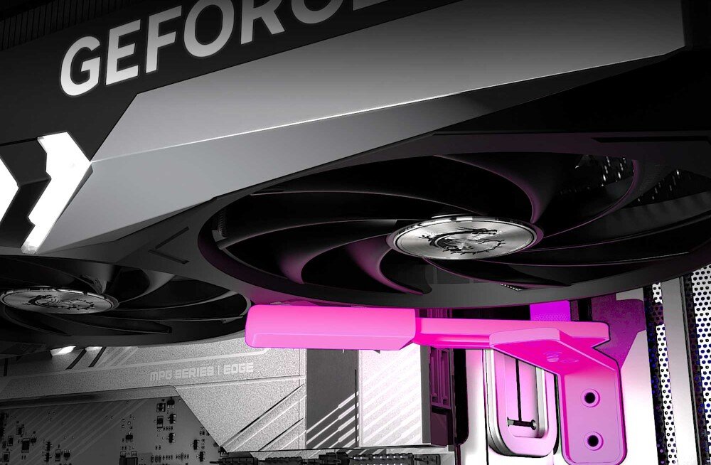 Obudowa MSI MPG Velox 300R Airflow PZ Wnętrze obudowy z zaznaczonym na różowo regulowanym wspornikiem podtrzymującym dużą kartę graficzną