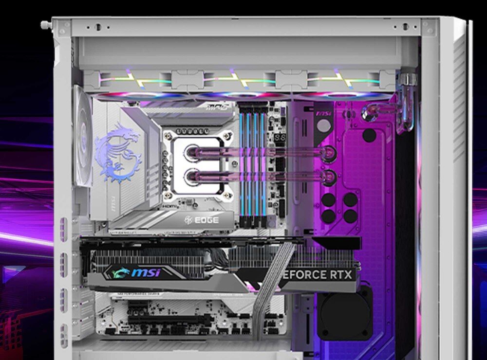 Obudowa MSI MPG Velox 300R Airflow PZ Widok przez boczną szybę na działający zestaw komputerowy z rozbudowanym chłodzeniem cieczą i wielobarwnym podświetleniem