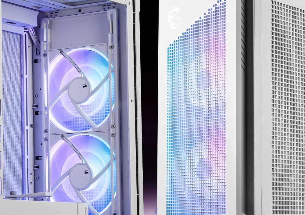 Obudowa MSI MPG Velox 300R Airflow PZ Zbliżenie na przednią część obudowy z dwoma dużymi podświetlanymi wentylatorami widocznymi za metalową siatką
