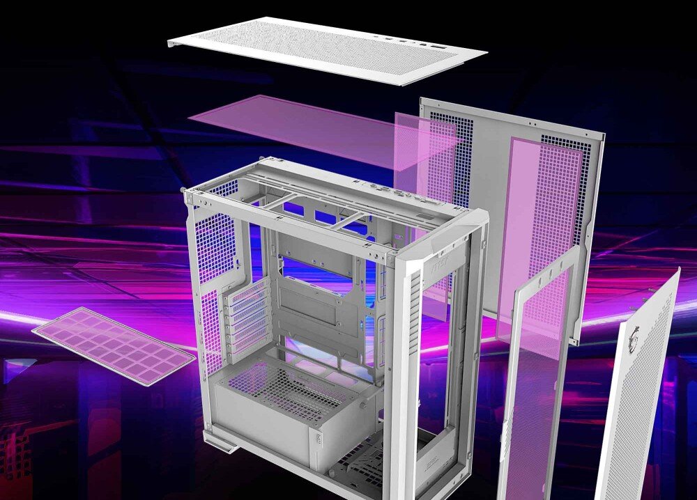 Obudowa MSI MPG Velox 300R Airflow PZ Elementy obudowy w widoku rozłożonym pokazujące panele zewnętrzne, ramę oraz siatki filtrów przeciwkurzowych