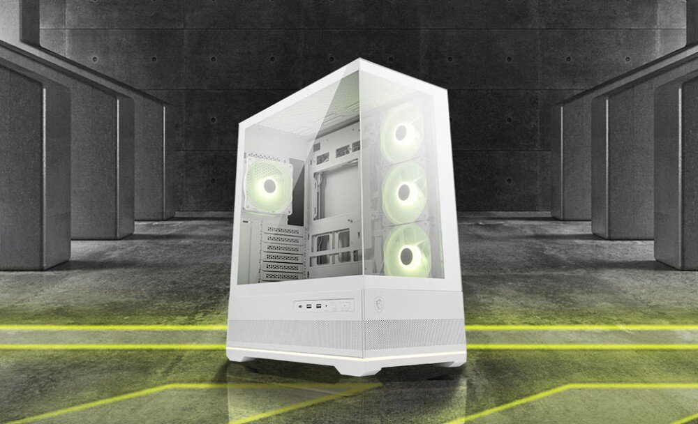 Obudowa MSI Mag Pano 110R PZ Obudowa z przeszklonym narożnikiem stojąca na ciemnym tle z ozdobnymi żółtymi liniami