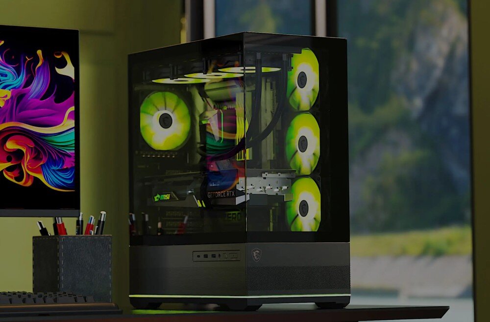 Obudowa MSI Mag Pano 110R PZ Biurko z komputerem w panoramicznej obudowie wyświetlającej zielono-żółte oświetlenie RGB