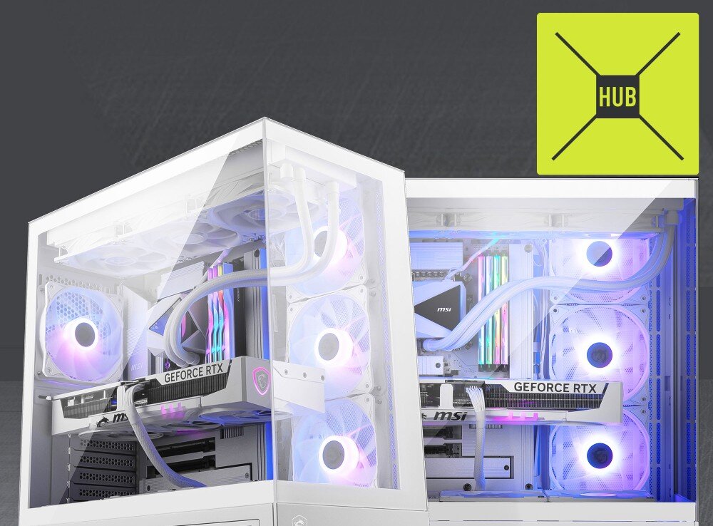Obudowa MSI Mag Pano 110R PZ Porównanie dwóch złożonych zestawów komputerowych z wyróżnioną ikoną HUB sugerującą kontroler wentylatorów