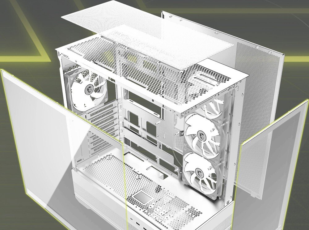 Obudowa MSI Mag Pano 110R PZ Widok rozstrzelony prezentujący demontaż górnego filtra oraz szklanych paneli przedniego i bocznego