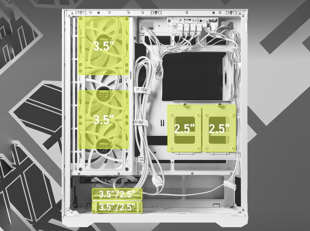 Obudowa MSI Mag Pano 110R PZ Szkielet obudowy z żółtymi polami oznaczającymi miejsca montażowe dla dysków 3.5 cala i 2.5 cala