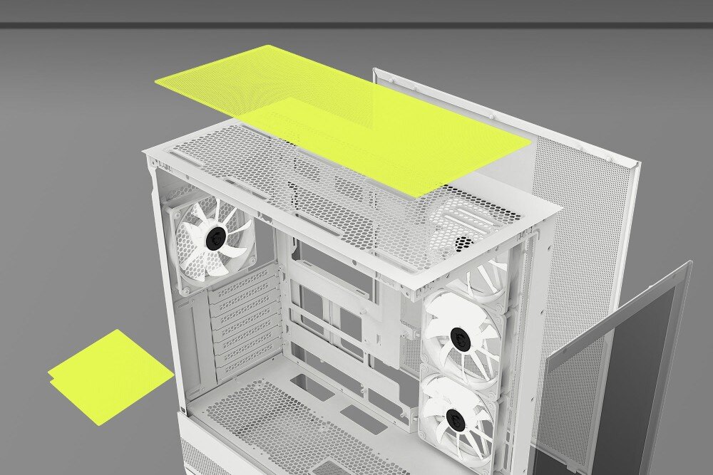 Obudowa MSI Mag Pano 110R PZ Biała obudowa z żółtymi filtrami przeciwkurzowymi uniesionymi nad górnym i dolnym panelem