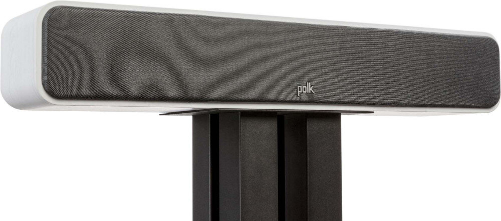 Głośnik centralny POLK AUDIO Signature Elite ES35C obudowa MDF solidna konstrukcja, głośnik na podstawce po skosie na białym tle