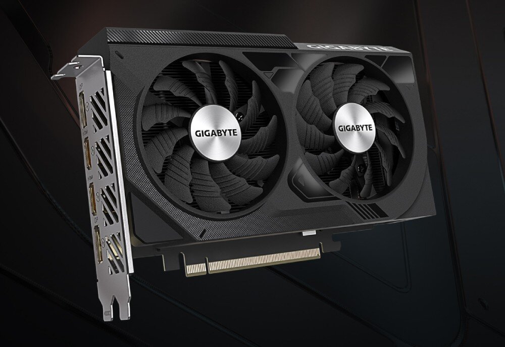 Komputer MAD DOG ENDORFY300AIR-A13WB16WH Karta graficzna z dwoma wentylatorami i logo producenta na środku na ciemnym tle, karta graficzna, układ chłodzenia, parametry