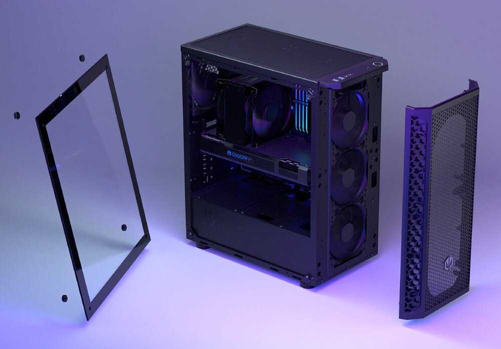 Komputer MAD DOG ENDORFY300AIR-A13WB16WH Obudowa komputera z widocznym wnętrzem i zdjętymi panelami bocznym oraz frontowym, obudowa, wygląd, wentylacja, wentylatory, porty