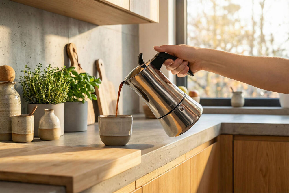 Kawiarka GÖTZE & JENSEN CA300 Ręka trzymająca srebrną kawiarkę stalową Götze & Jensen CA300 i nalewająca świeżo zaparzoną kawę do ceramicznego kubka na jasnym blacie kuchennym w świetle poranka.