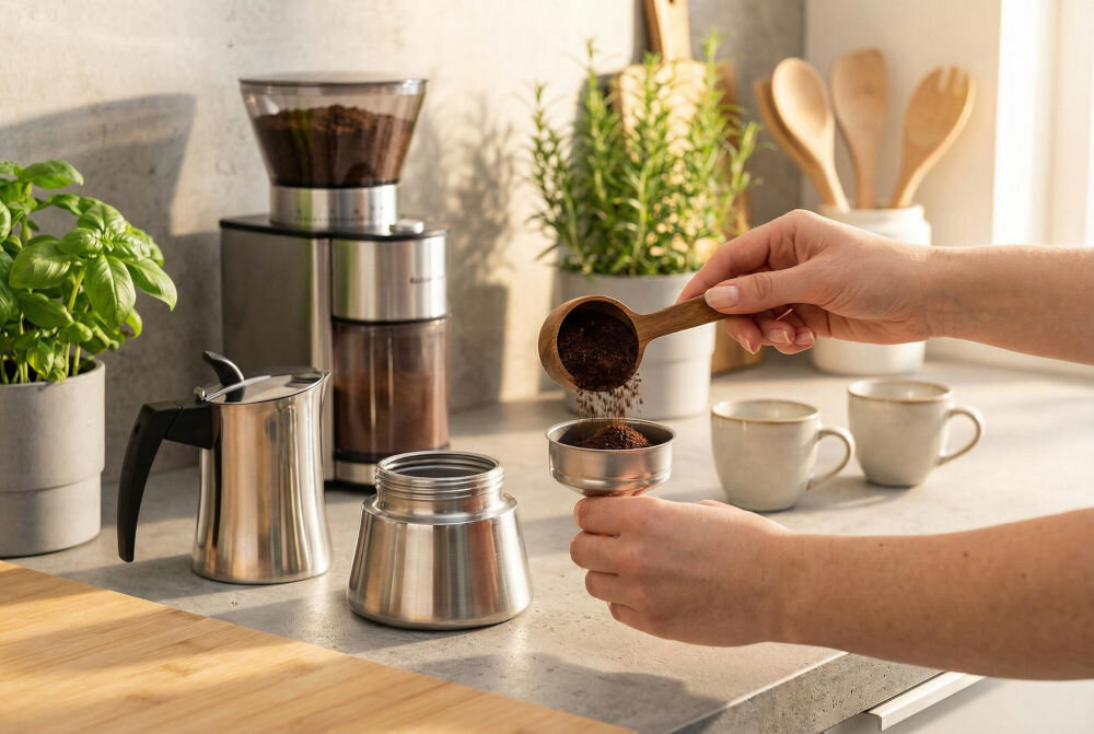 Kawiarka GÖTZE & JENSEN CA300 Przygotowanie kawy w kawiarce: osoba wsypuje zmielone ziarna drewnianą miarką do sitka kawiarki Götze & Jensen. W tle widoczny młynek do kawy oraz rośliny w doniczkach.