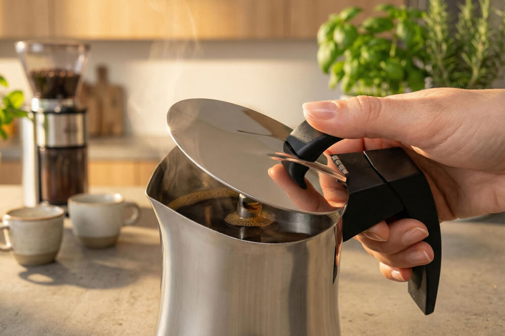 Kawiarka GÖTZE & JENSEN CA300 Zbliżenie na otwartą pokrywkę kawiarki ze stali nierdzewnej, z której wydobywa się para. Wewnątrz widoczna zaparzona kawa z delikatną pianką.