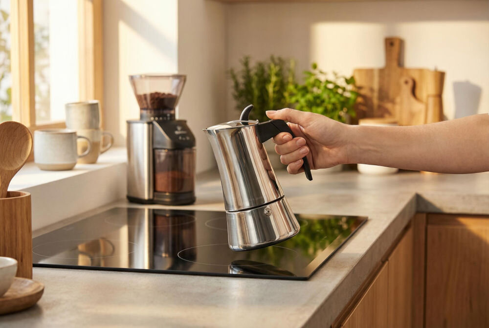 Kawiarka GÖTZE & JENSEN CA300 Kawiarka Götze & Jensen CA300 trzymana za ergonomiczną czarną rączkę nad nowoczesną płytą indukcyjną w jasnej kuchni.