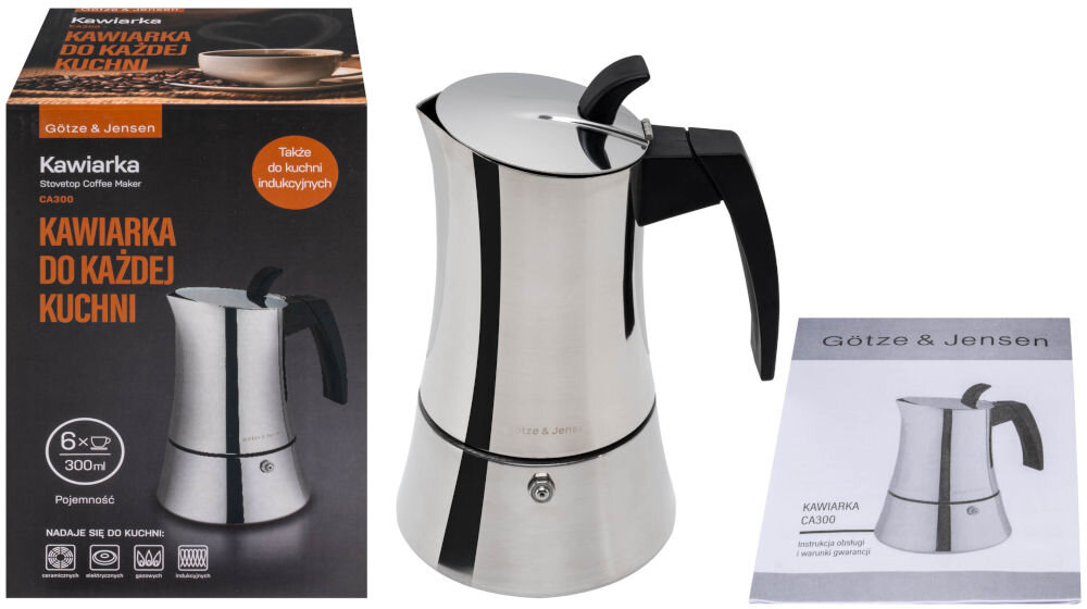 Kawiarka GÖTZE & JENSEN CA300 Zestaw produktowy kawiarki Götze & Jensen CA300: urządzenie ze stali nierdzewnej o pojemności 300 ml (6 filiżanek), oryginalne czarne pudełko oraz instrukcja obsługi na białym tle.