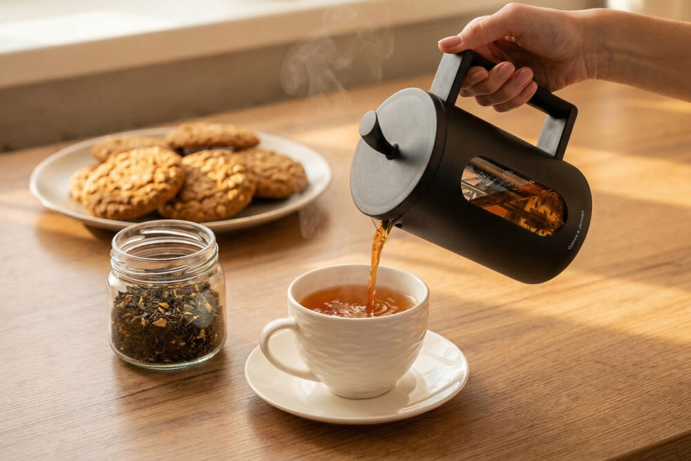 Zaparzacz GÖTZE & JENSEN TA280 800ml z mechanizmem tłokowym do kawy i herbaty dla 4-6 osób Nalewanie zaparzonej herbaty z czarnego zaparzacza French Press Götze & Jensen do białej filiżanki.