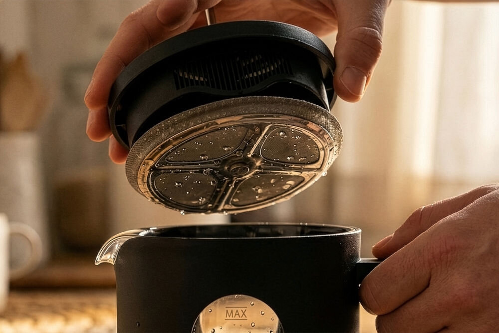 Zaparzacz GÖTZE & JENSEN TA280 ze szkła borokrzemowego odpornego na temperaturę i zarysowania Zbliżenie na stalowy filtr sitkowy zaparzacza Götze & Jensen TA280 podczas wyjmowania z dzbanka.