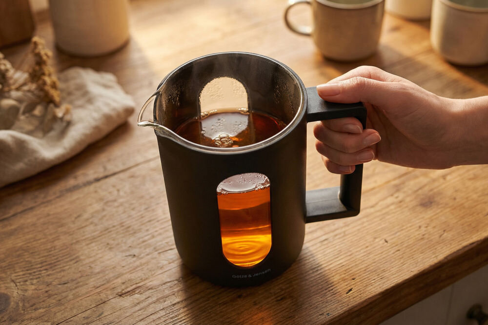 Zaparzacz GÖTZE & JENSEN TA280 z ergonomicznym uchwytem do bezpiecznego przenoszenia gorącego naparu Czarny zaparzacz do herbaty i kawy Götze & Jensen o pojemności 800 ml z widocznym poziomem naparu.