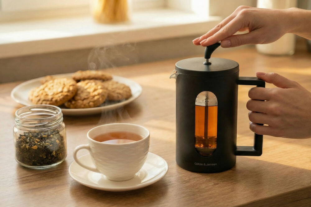 Zaparzacz GÖTZE & JENSEN TA280 z możliwością mycia w zmywarce do łatwego czyszczenia Proces dociskania tłoka w zaparzaczu French Press Götze & Jensen TA280 po zaparzeniu herbaty.